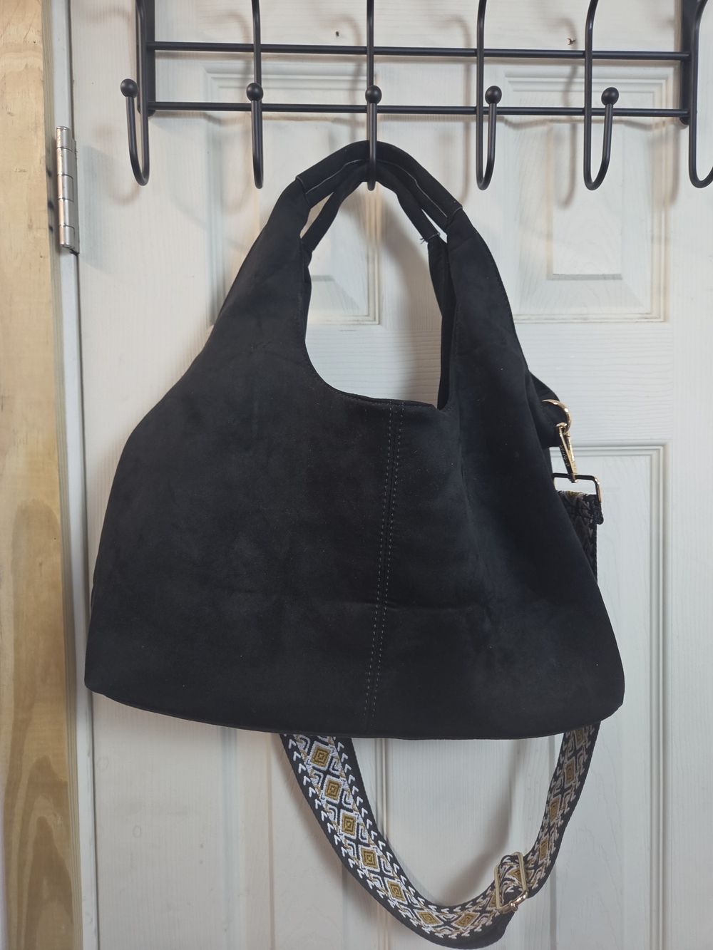 Suede Hobo Bag with Patterned Strap slouchy, effortless bohemian silhouette